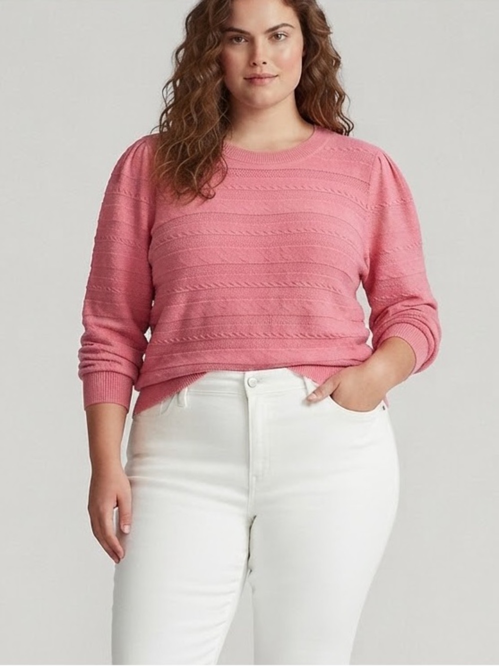 Pointelle Stripe Crewneck Sweater in Pink Classic Chic Preppy NWT